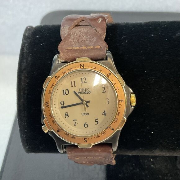 Vtg Timex Watch Men 38mm Indiglo Gold Tone Compass Bezel Leather New Battery - Picture 3 of 16
